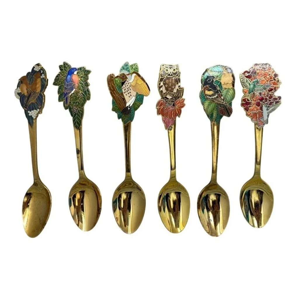 Vtg Hallmark‎ Bird Souvenir Spoons Gold Tone Set of 6 Cloisonne Enamel